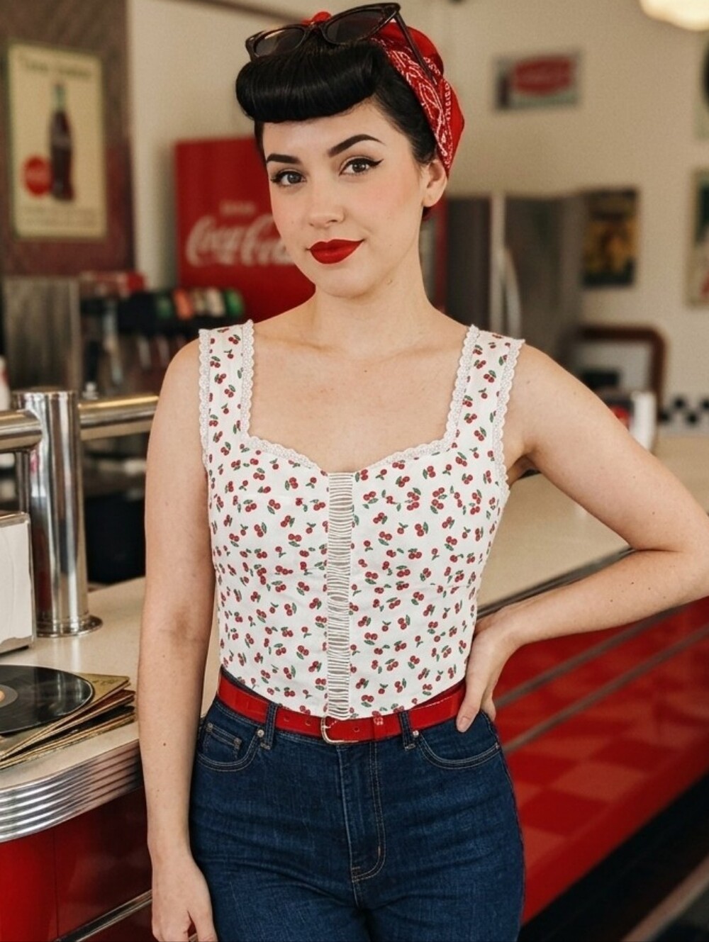 Cherry Print Smocked Crop Corset Cottagecore Retro Pin Up Rockabilly Milkmaid